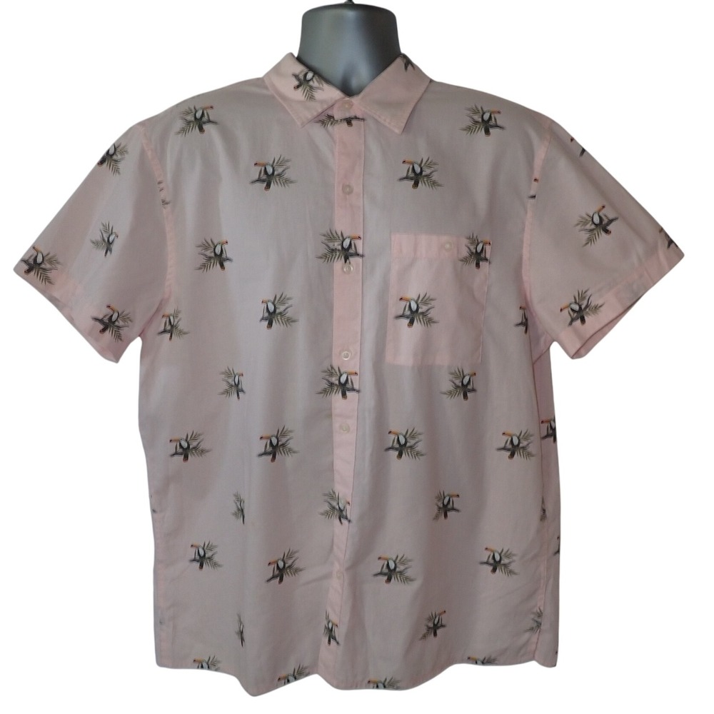 American Eagle Mens‎ XL Button Down Shirt Pink Toucan Tropical Preppy Casual